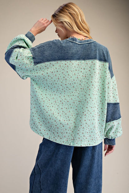 Easel Floral Thermal Henley Top with Denim Contrast in Mint Green