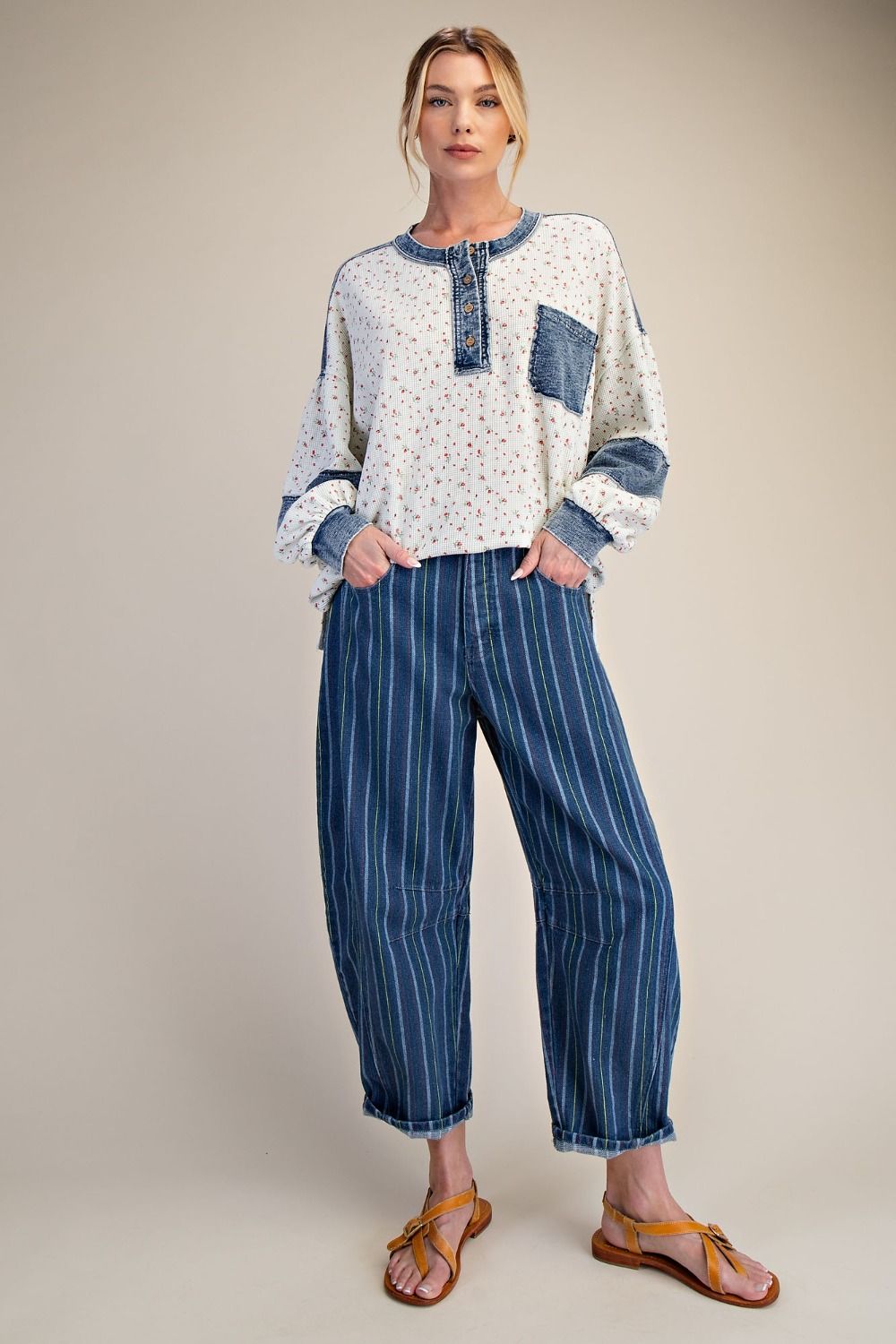 Easel Floral Thermal Henley Top with Denim Contrast in White