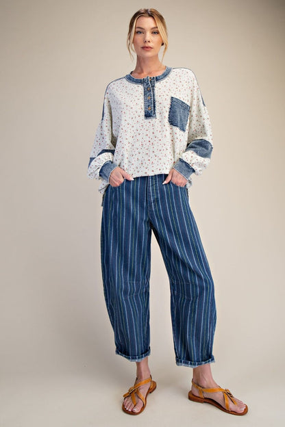 Easel Floral Thermal Henley Top with Denim Contrast in White
