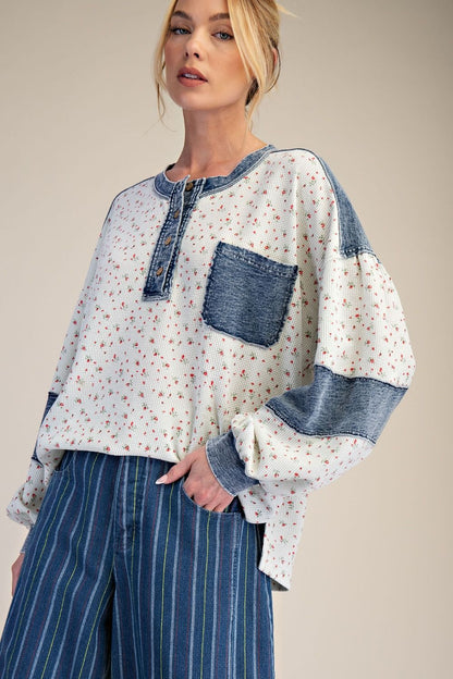 Easel Floral Thermal Henley Top with Denim Contrast in White