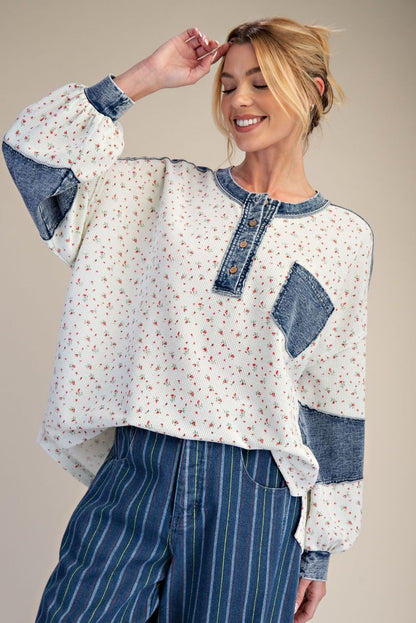 Easel Floral Thermal Henley Top with Denim Contrast in White