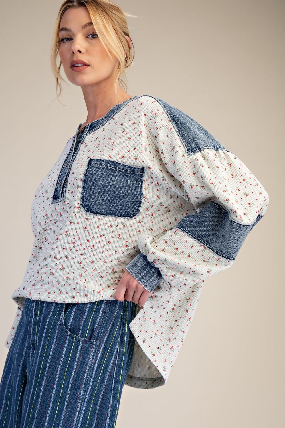 Easel Floral Thermal Henley Top with Denim Contrast in White