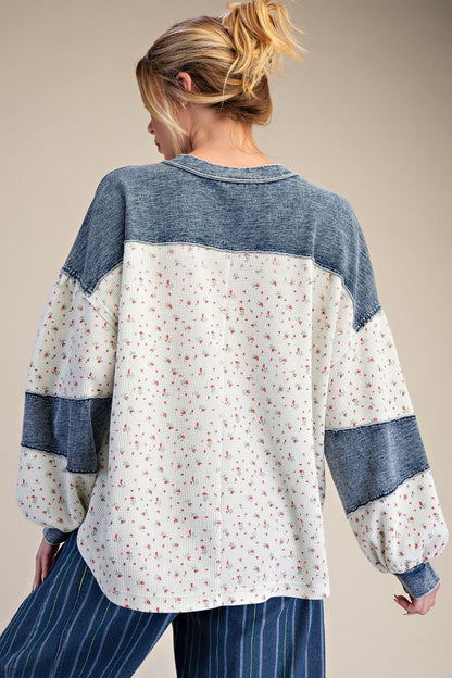 Easel Floral Thermal Henley Top with Denim Contrast in White