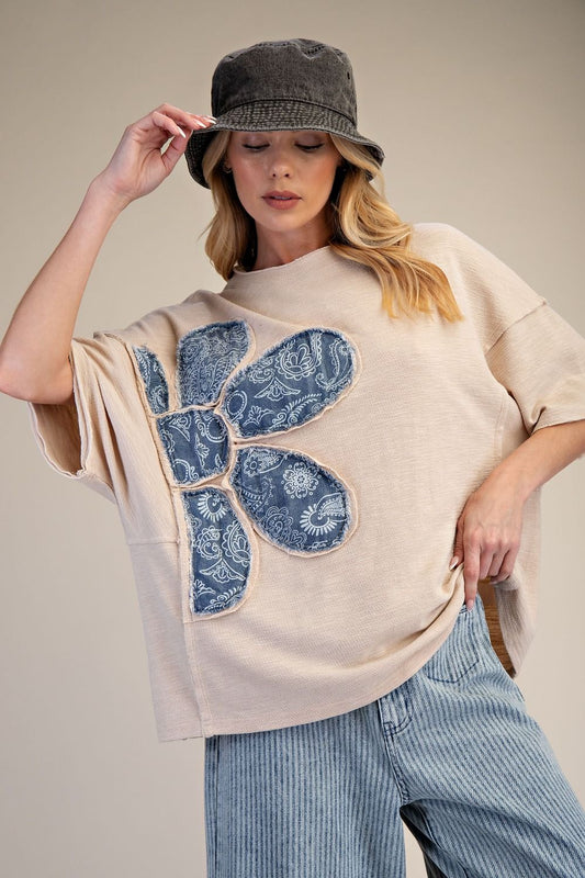 Easel Bandana Flower Top in Khaki