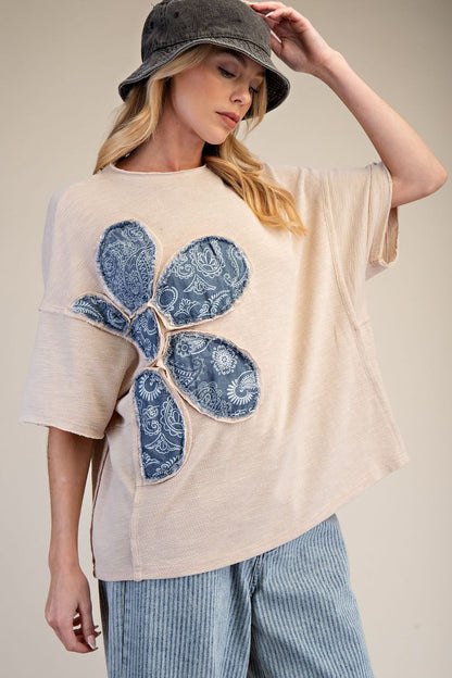 Easel Bandana Flower Top in Khaki