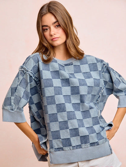 BiBi OVERSIZED Denim Checkered Top in Denim ON ORDER