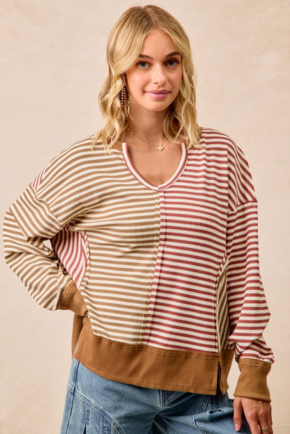 BiBi Thermal Knit Color Block Striped Top in Mocha/Marsala