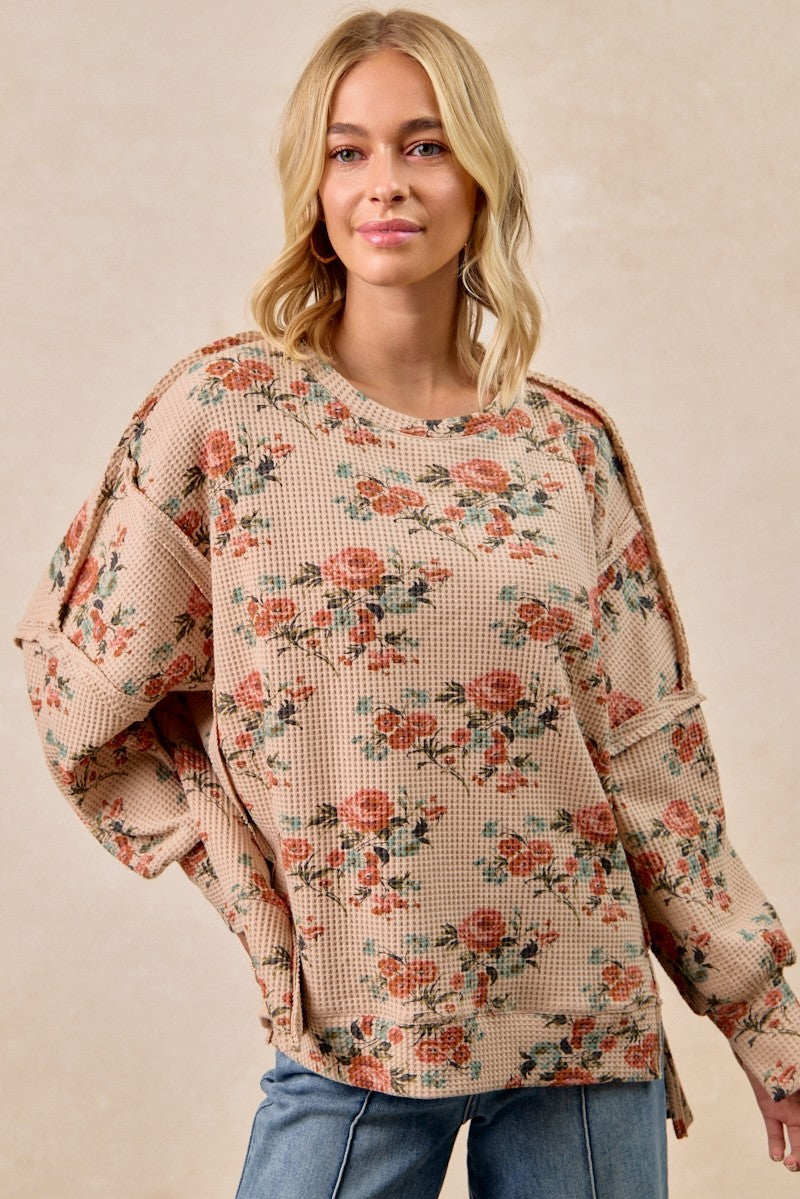 BiBi OVERSIZED Floral Print Waffle Knit Top in Taupe
