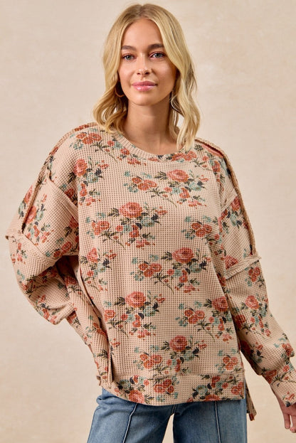 BiBi OVERSIZED Floral Print Waffle Knit Top in Taupe