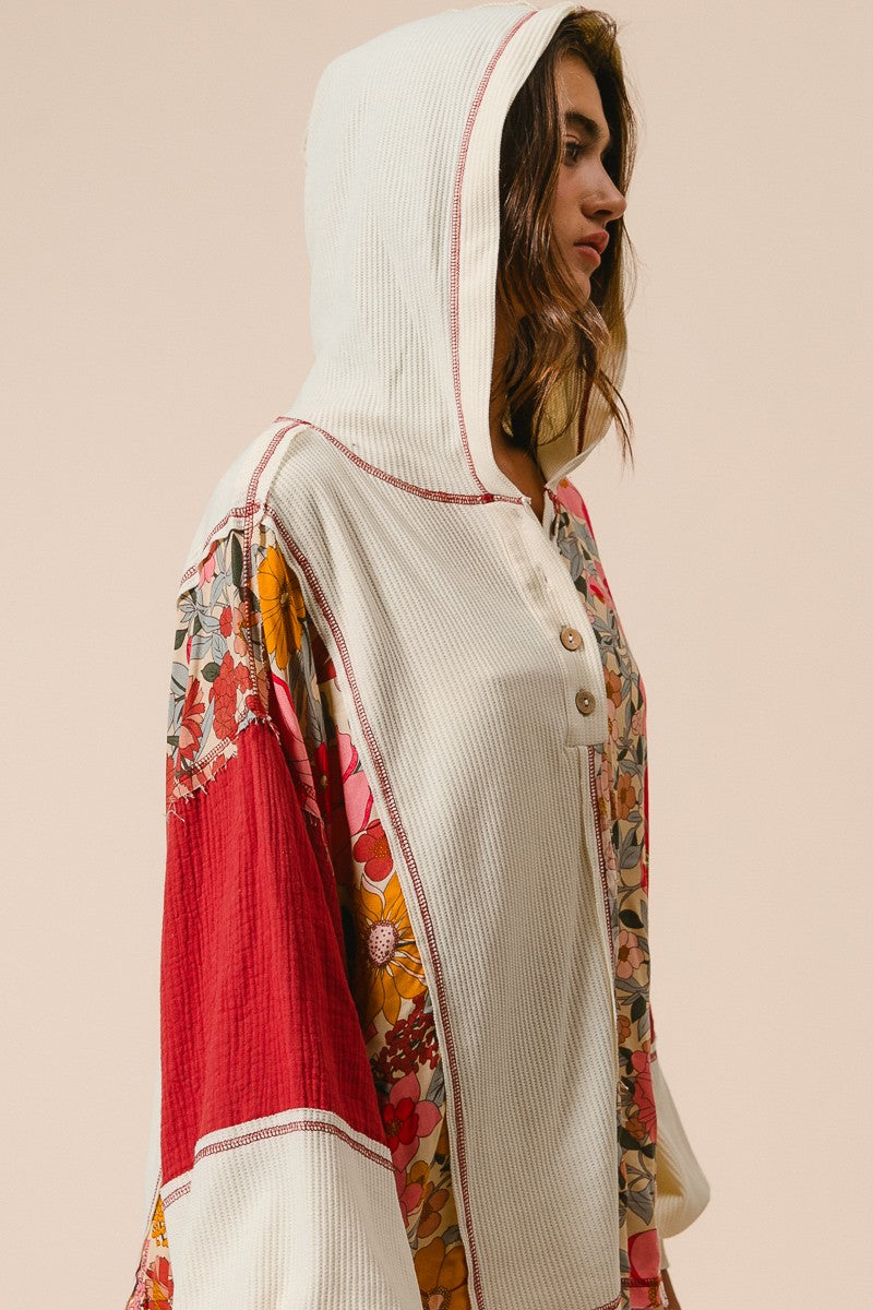 BiBi Mixed Floral and Solid Knit Hooded Top in Oatmeal/Rust