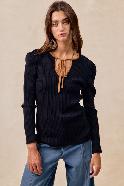 BiBi FITTED Ribbed Knit Top with Contrasting Color Neckline in Black/Camel