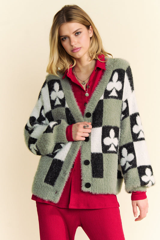 Davi & Dani Front Button Down Cardigan with Checkered & Clover Print in Black Beige FINAL SALE