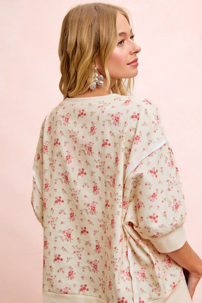 BiBi OVERSIZED Washed Twill Floral Print Top in Cream/Red Floral