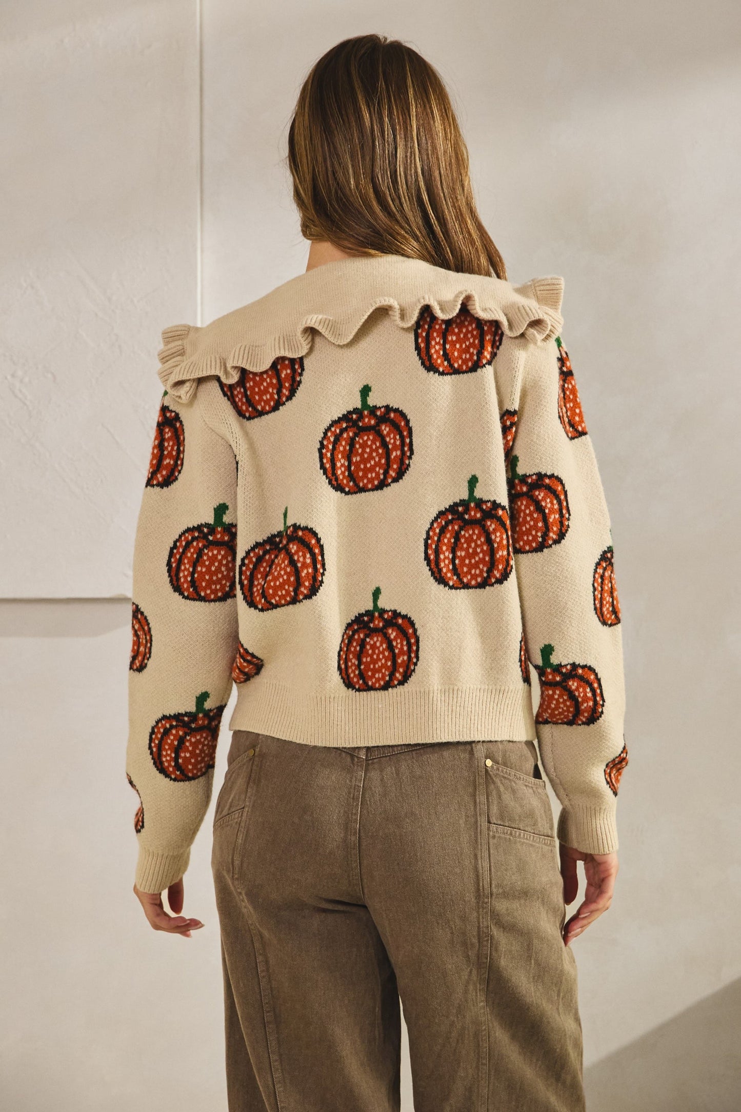 LovLov Sailor Collar Pumpkin with Ribbon Cardigan in Oatmeal ON ORDER