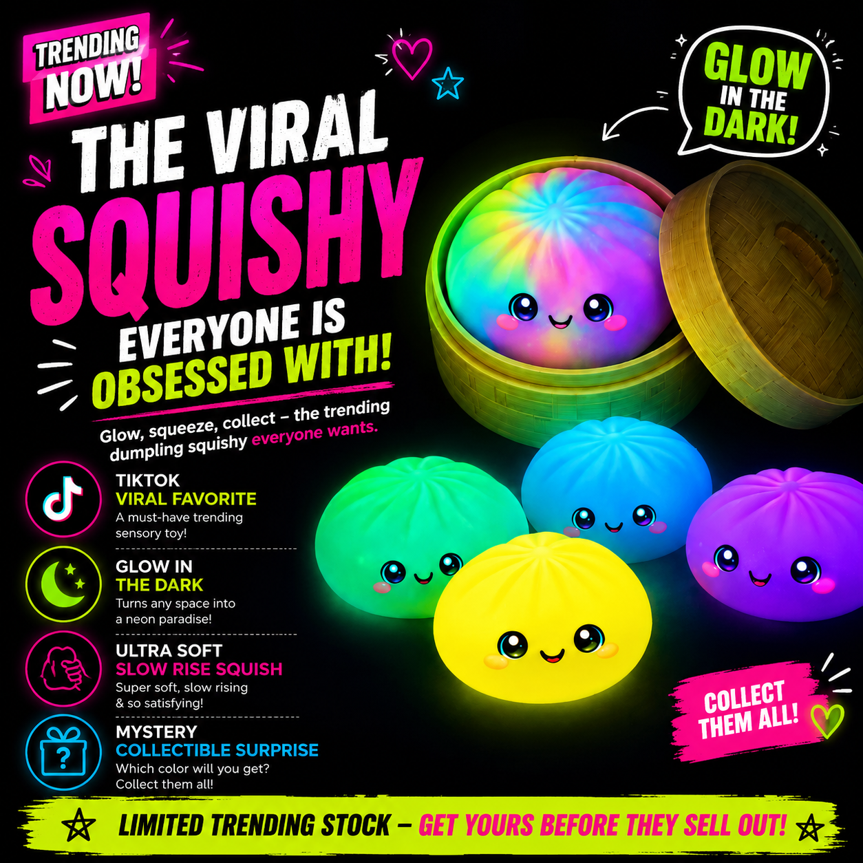 Glow in the Dark Squishy Dumplings Toy – 4" Mystery Collectible Squeeze Toy