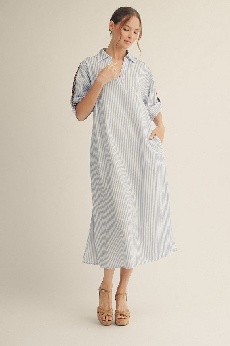 Jodifl Striped Midi Dress with Leopard Print Details in Blue