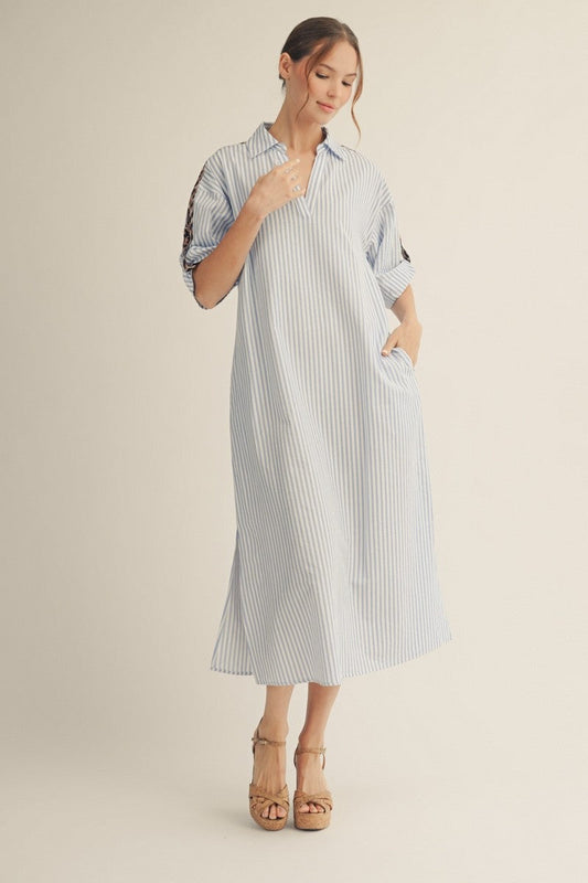 Jodifl Striped Midi Dress with Leopard Print Details in Blue