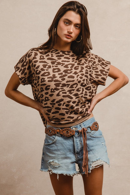 BiBi Leopard Print Baize Knit Top in Beige/Brown