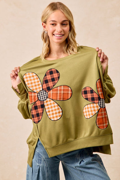 BiBi OVERSIZED Mixed Plaid Flower Patched French Terry Top in Olive