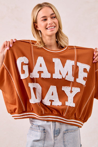 BiBi OVERSIZED French Terry Top with GAME DAY Letter Patchwork Front in Burnt Orange/White
