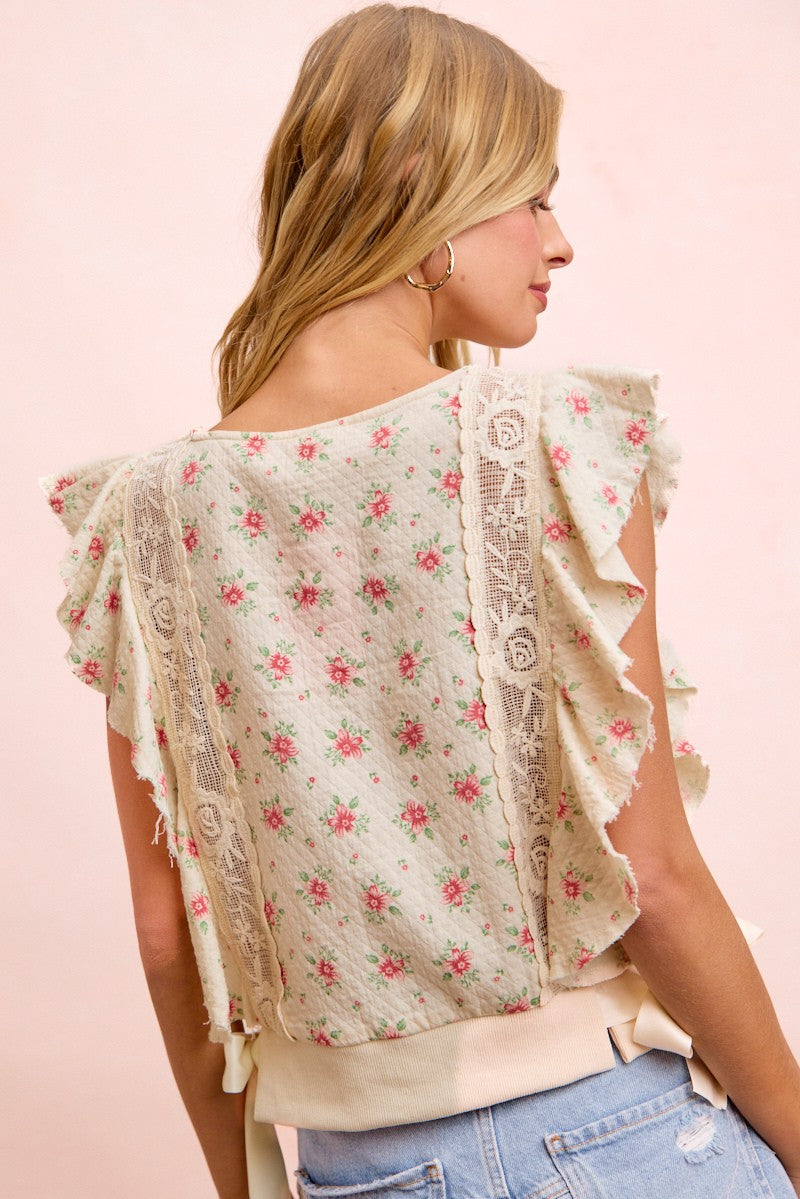 BiBi Flower Printed Ruffle Sleeve Trim Detail Top in Red Flower