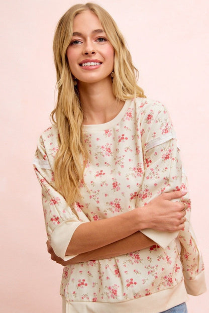 BiBi OVERSIZED Washed Twill Floral Print Top in Cream/Red Floral