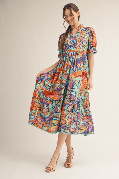 Jodifl Tropical Print Midi Dress with Scalloped Trim Detail in Aqua Blue