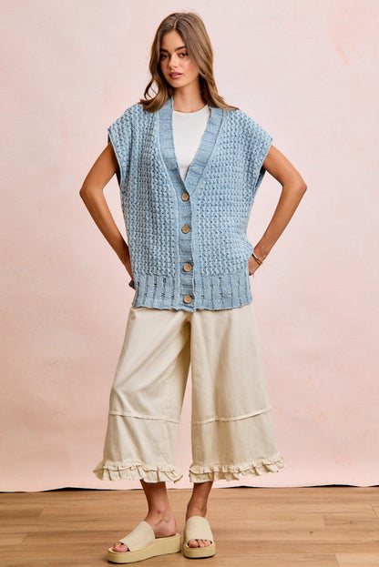 BiBi Mineral Washed Knit Boxy Cardigan in Washed Denim