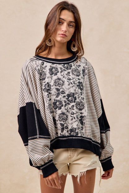 BiBi OVERSIZED Rose Twill and Stripe Mix n Match Top in Grey/Black ON ORDER