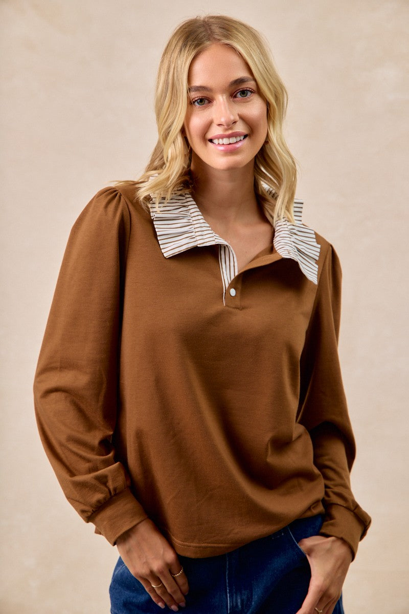 BiBi French Terry Top with Contrasting Striped Ruffle Collar in Dark Mocha