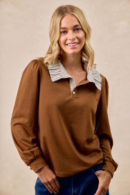 BiBi French Terry Top with Contrasting Striped Ruffle Collar in Dark Mocha