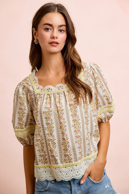 BiBi Floral Stripe Printed Lace Trim Detail Top in Cream