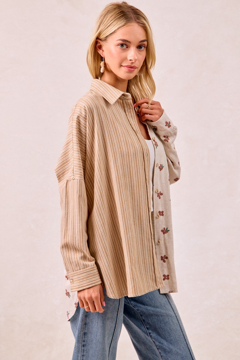 BiBi OVERSIZED Mix n Match Stripes and Floral Print Top in Taupe/Terracotta