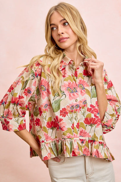 BiBi Floral Print Ruffled Hem Button-Up Quarter Sleeve Top in Floral ON ORDER