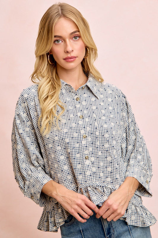 BiBi Floral Embroidery Grid Checked Ruffled Hem Button-Up Top in Navy