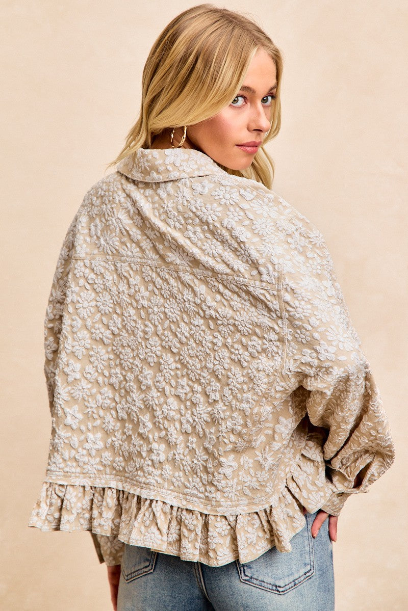 BiBi Textured Floral Ruffle Hem Button Up Top in Oatmeal