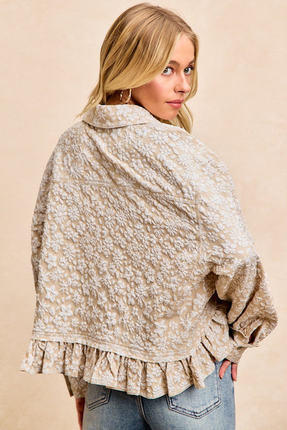 BiBi Textured Floral Ruffle Hem Button Up Top in Oatmeal