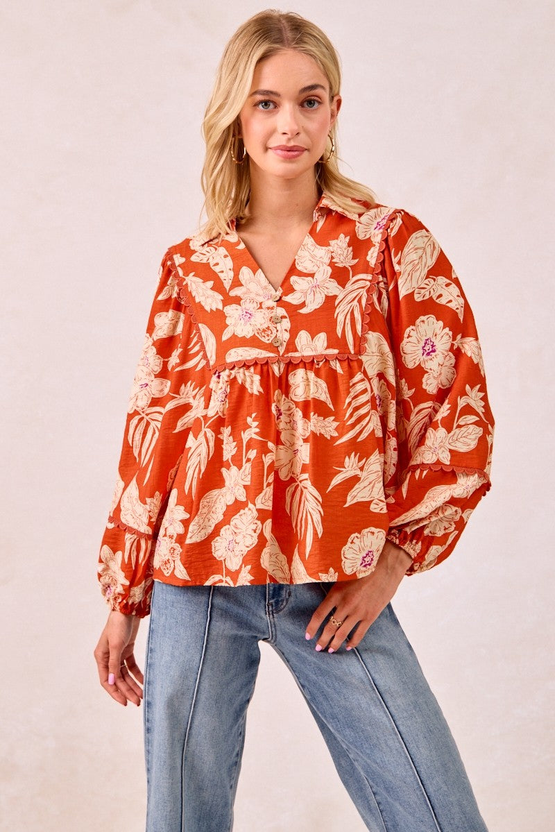 BiBi Flower Print Woven Top with Scallop Trim Detail in Rust