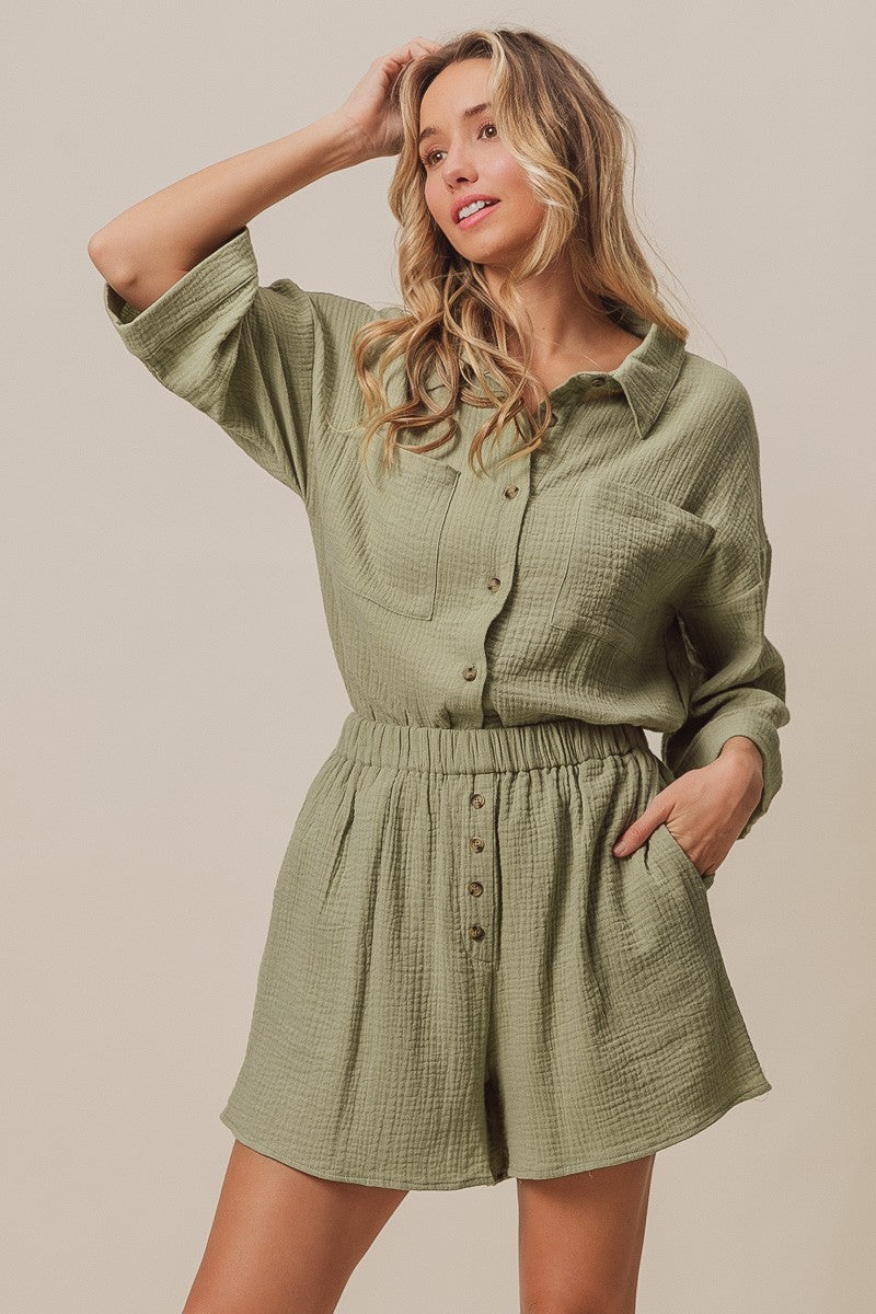 BiBi Crinkle Gauze Shirt And Short Set in Sage