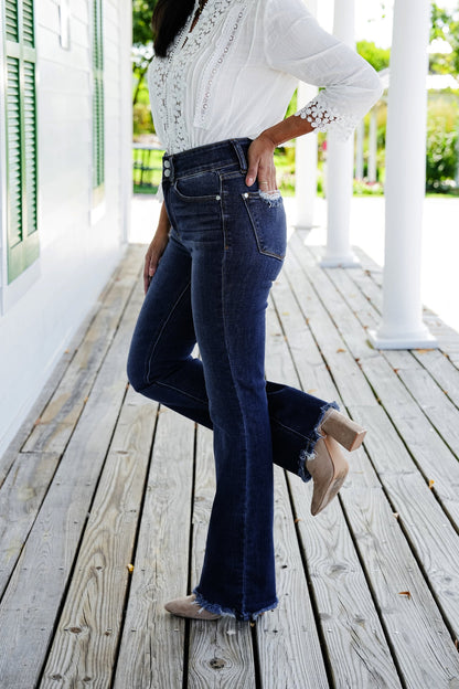 Restock! Judy Blue Feeling Fine Dark Wash High Rise Non Distressed Vintage Frayed Hem Bootcut Jeans
