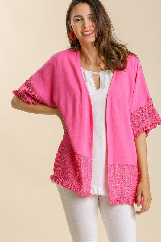 Umgee Open Front Linen Blend Cardigan with Crochet Details in Hot Pink