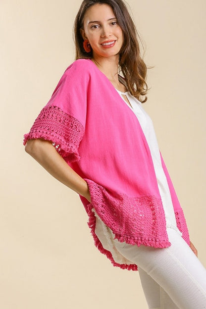 Umgee Open Front Linen Blend Cardigan with Crochet Details in Hot Pink