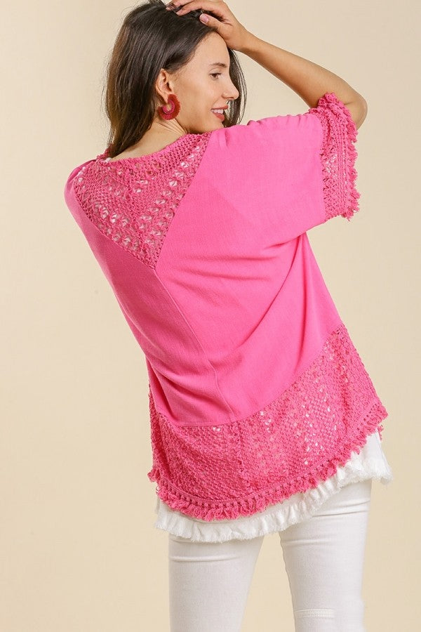 Umgee Open Front Linen Blend Cardigan with Crochet Details in Hot Pink