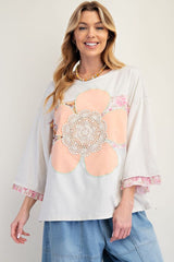 Easel OVERSIZED Mixed Flower Patched Front Top in Ecru