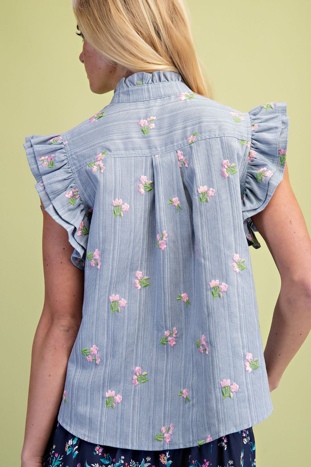Easel Floral Embroidery Detailed Striped Top in Blue