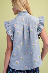 Easel Floral Embroidery Detailed Striped Top in Blue