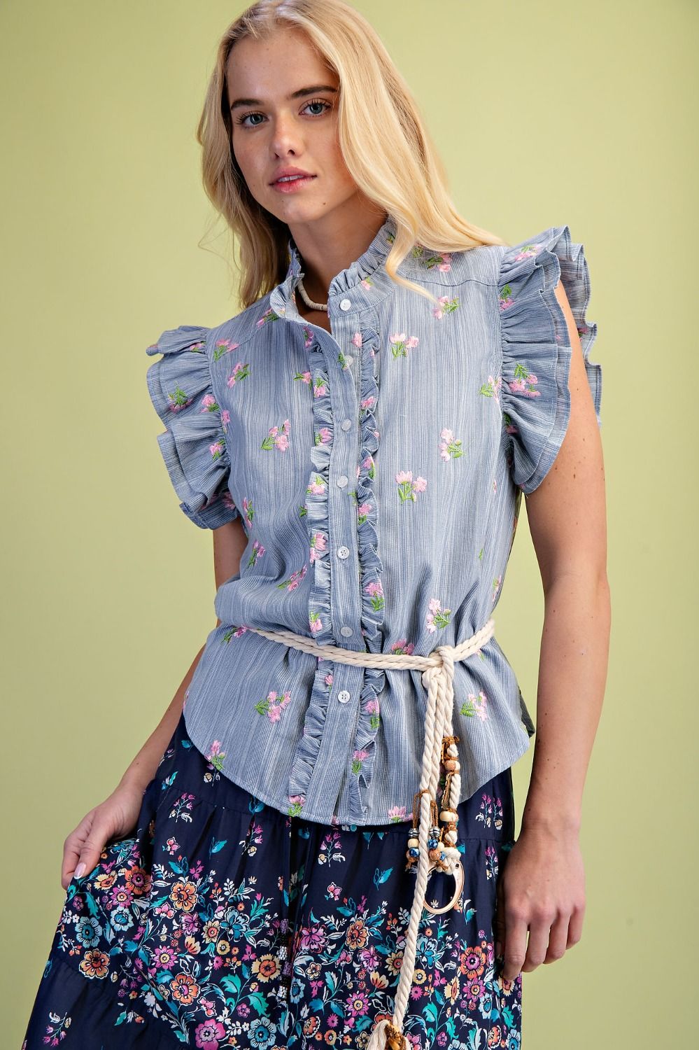 Easel Floral Embroidery Detailed Striped Top in Blue