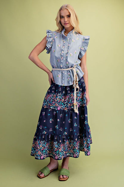 Easel Floral Embroidery Detailed Striped Top in Blue