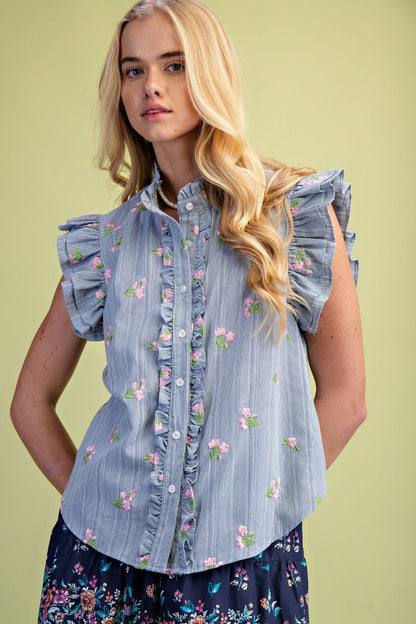 Easel Floral Embroidery Detailed Striped Top in Blue